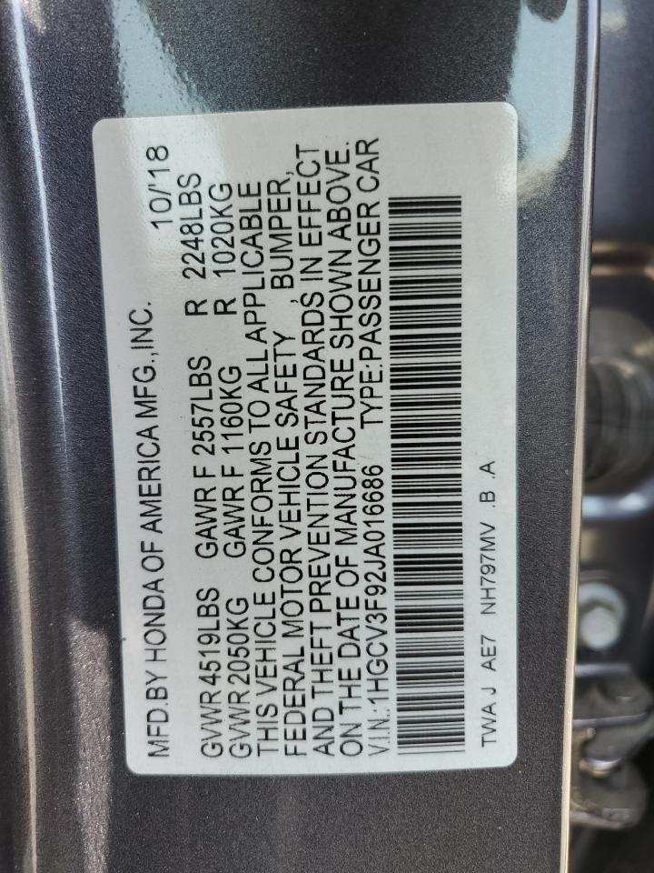 1HGCV3F92JA016686 2018 Honda Accord Touring Hybrid