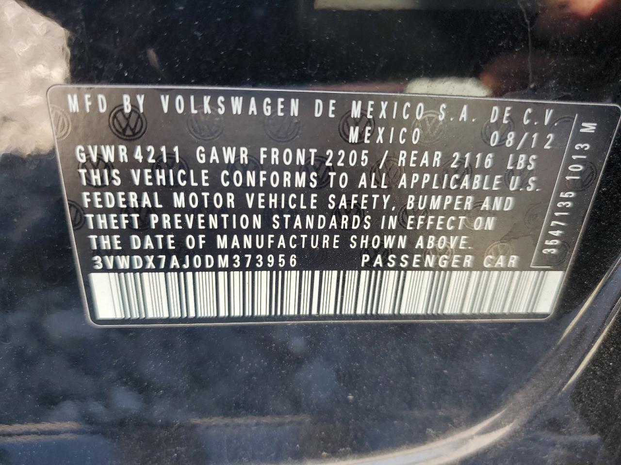 3VWDX7AJ0DM373956 2013 Volkswagen Jetta Se