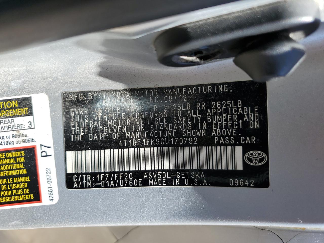 4T1BF1FK9CU170792 2012 Toyota Camry Base