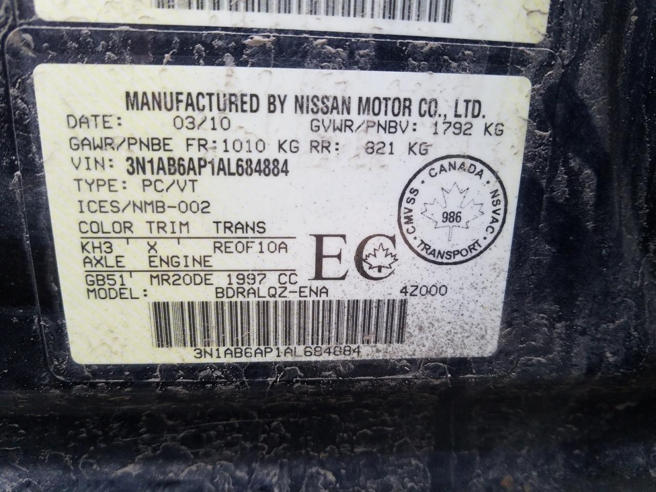 3N1AB6AP1AL684884 2010 Nissan Sentra 2.0