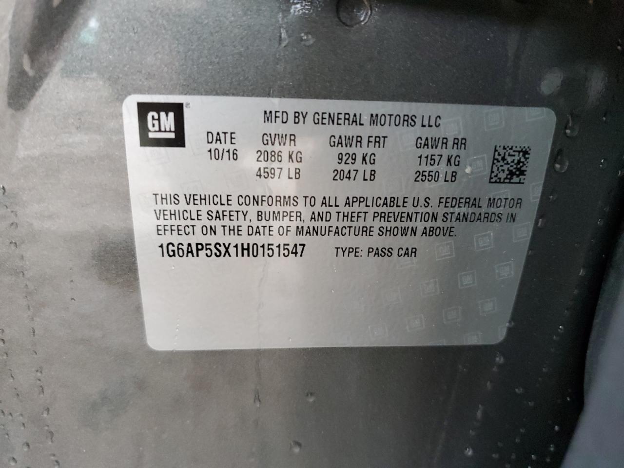 1G6AP5SX1H0151547 2017 Cadillac Cts