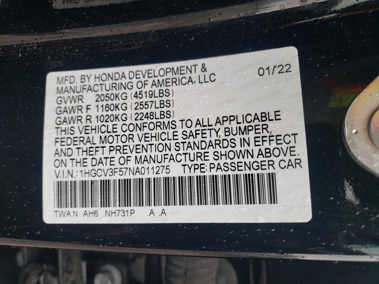 1HGCV3F57NA011275 2022 Honda Accord Hybrid Exl