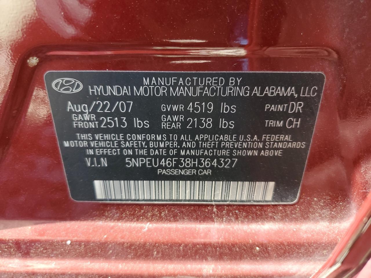 5NPEU46F38H364327 2008 Hyundai Sonata Se