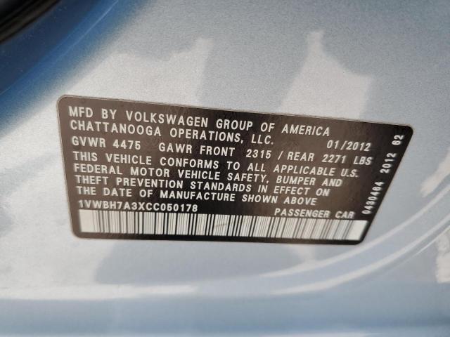 2012 Volkswagen Passat Se VIN: 1VWBH7A3XCC050178 Lot: 53491494