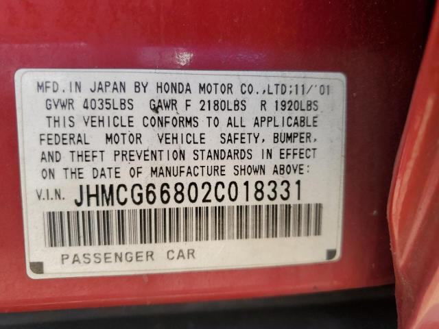 2002 Honda Accord Ex VIN: JHMCG66802C018331 Lot: 55524224