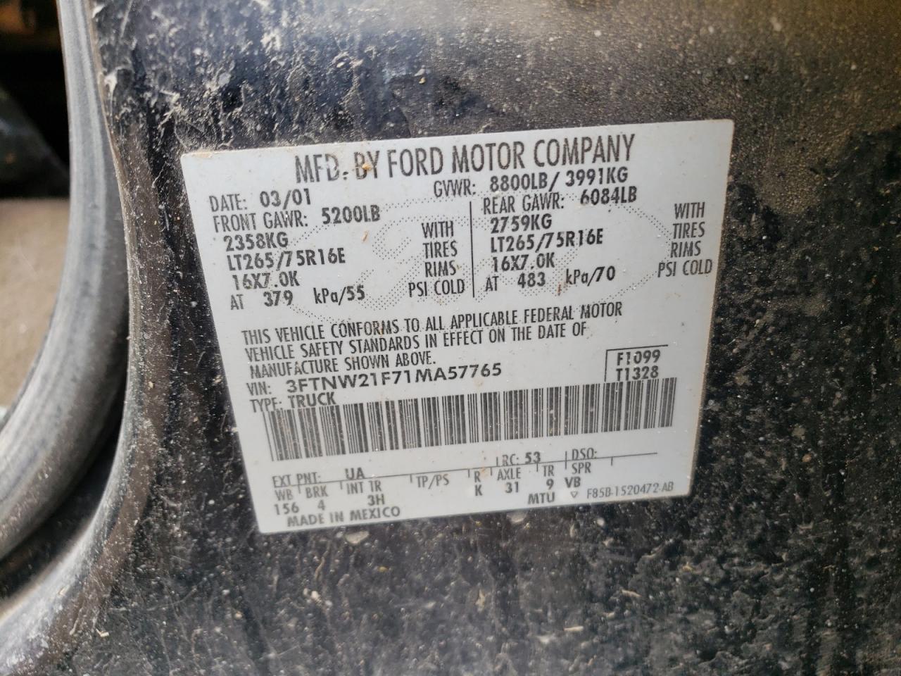 3FTNW21F71MA57765 2001 Ford F250 Super Duty