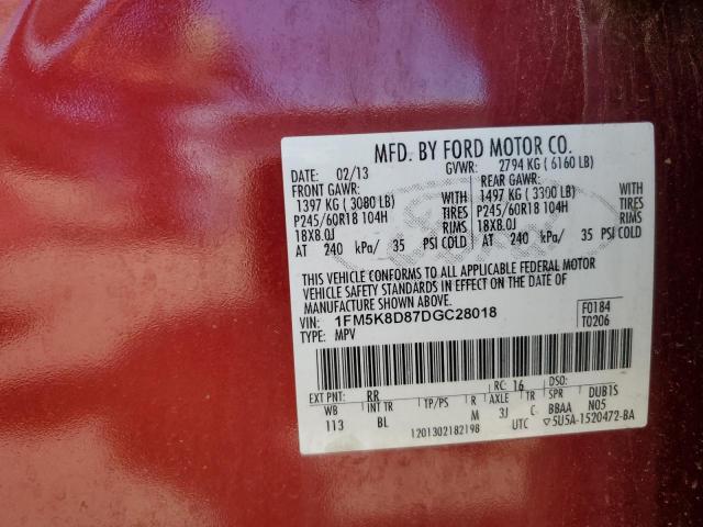 2013 Ford Explorer Xlt VIN: 1FM5K8D87DGC28018 Lot: 55412264