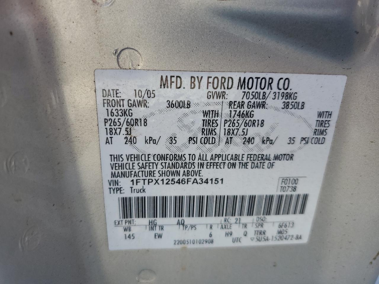 1FTPX12546FA34151 2006 Ford F150