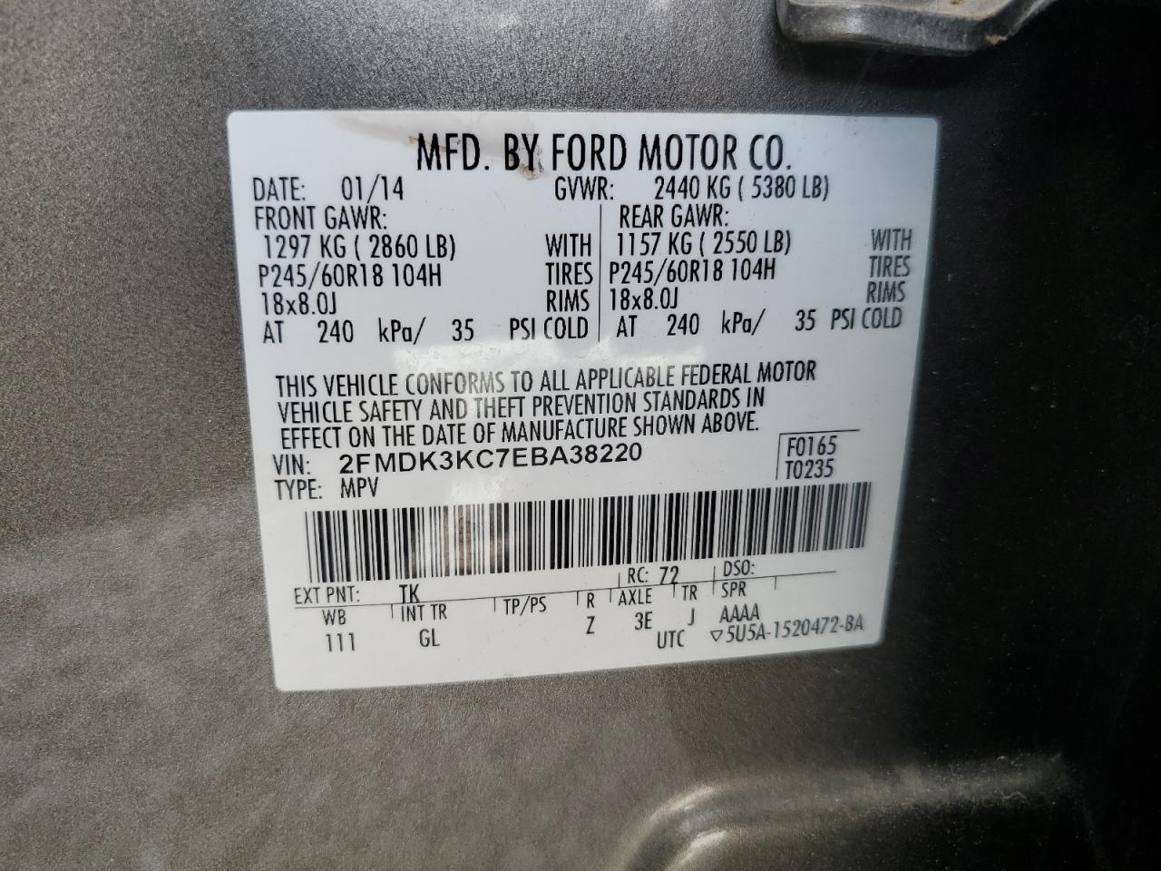 2FMDK3KC7EBA38220 2014 Ford Edge Limited