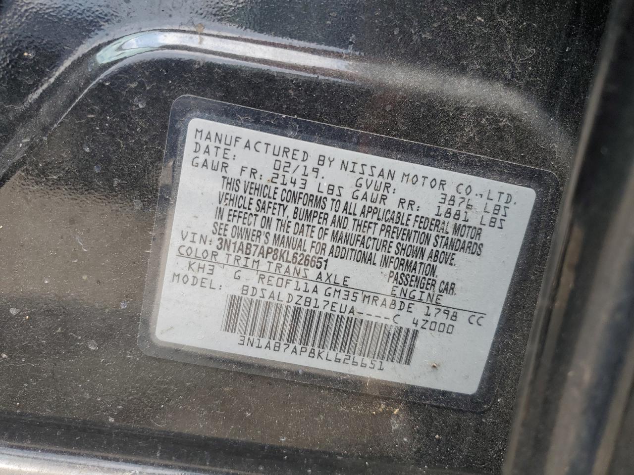 3N1AB7AP8KL626651 2019 Nissan Sentra S