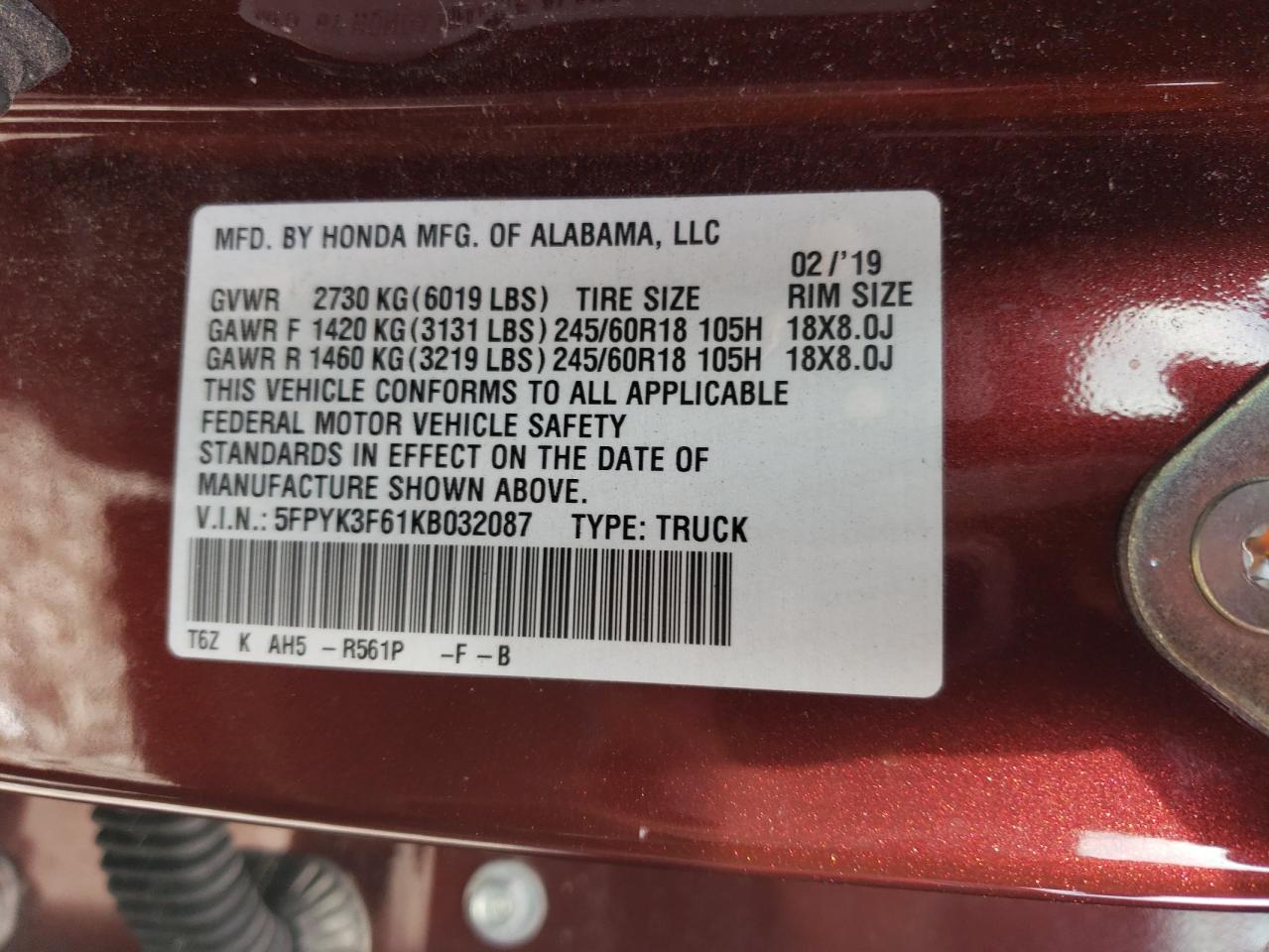 5FPYK3F61KB032087 2019 Honda Ridgeline Rtl