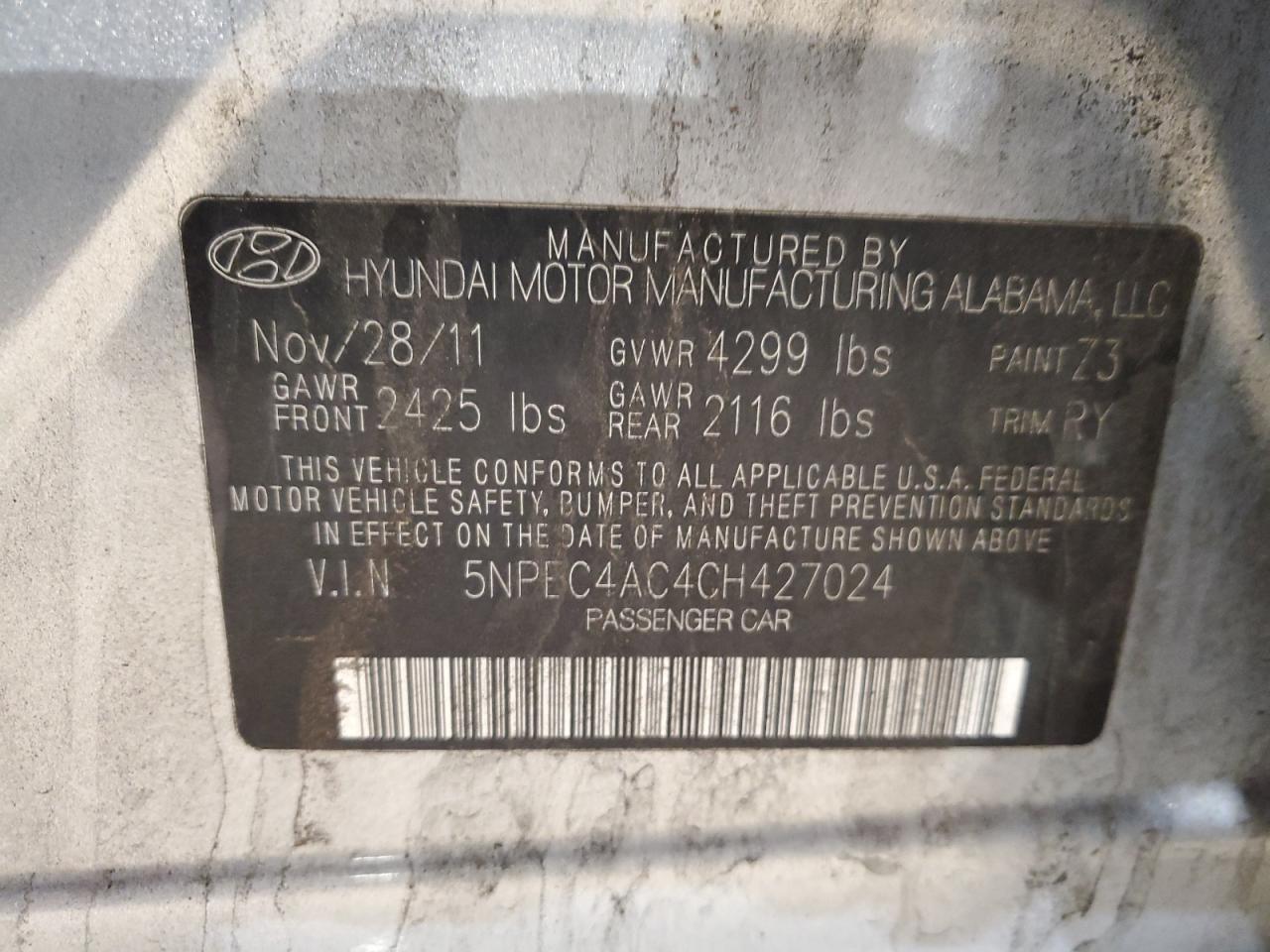 5NPEC4AC4CH427024 2012 Hyundai Sonata Se