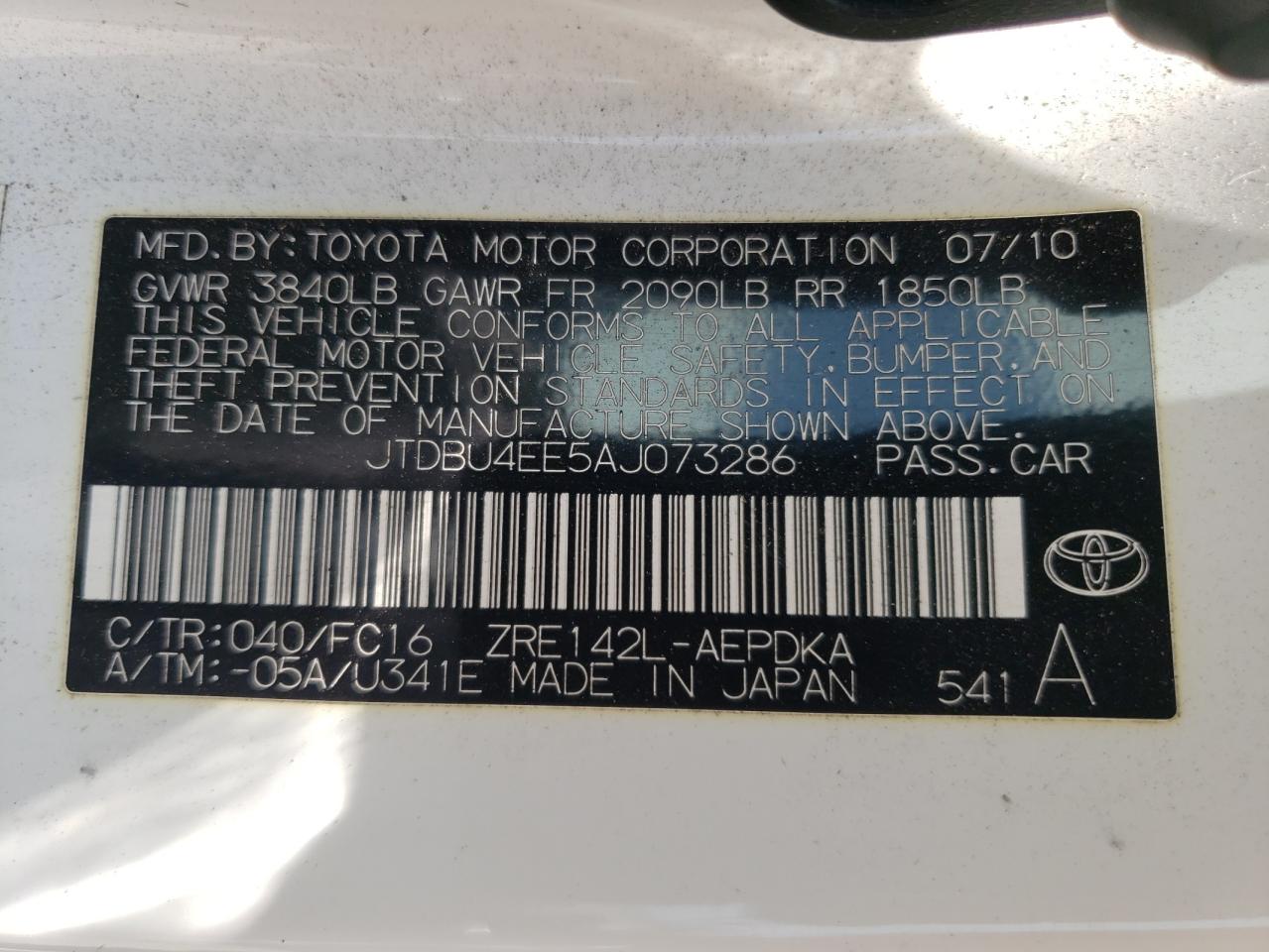 JTDBU4EE5AJ073286 2010 Toyota Corolla Base