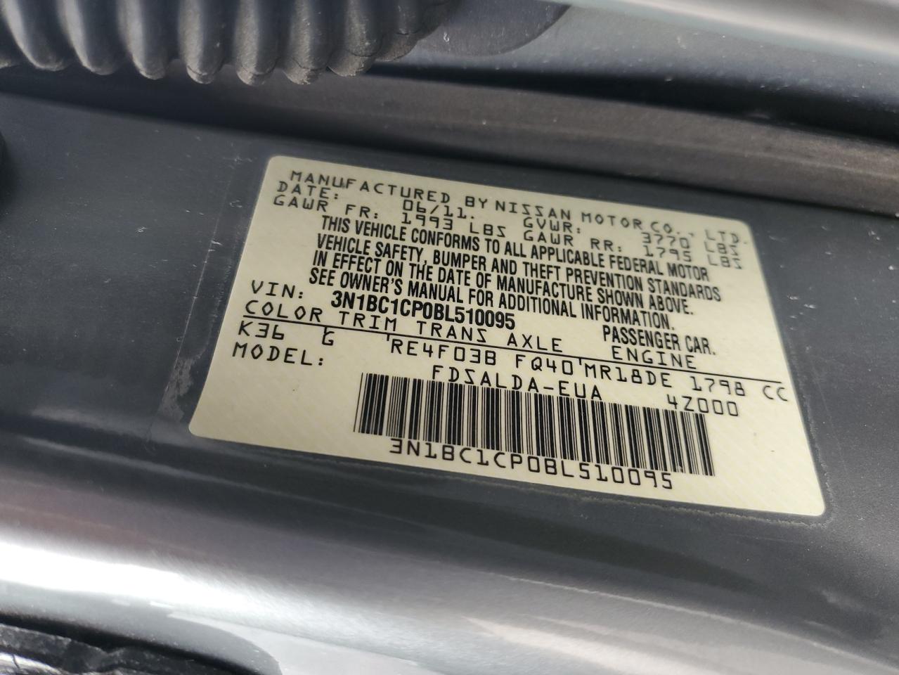 3N1BC1CP0BL510095 2011 Nissan Versa S