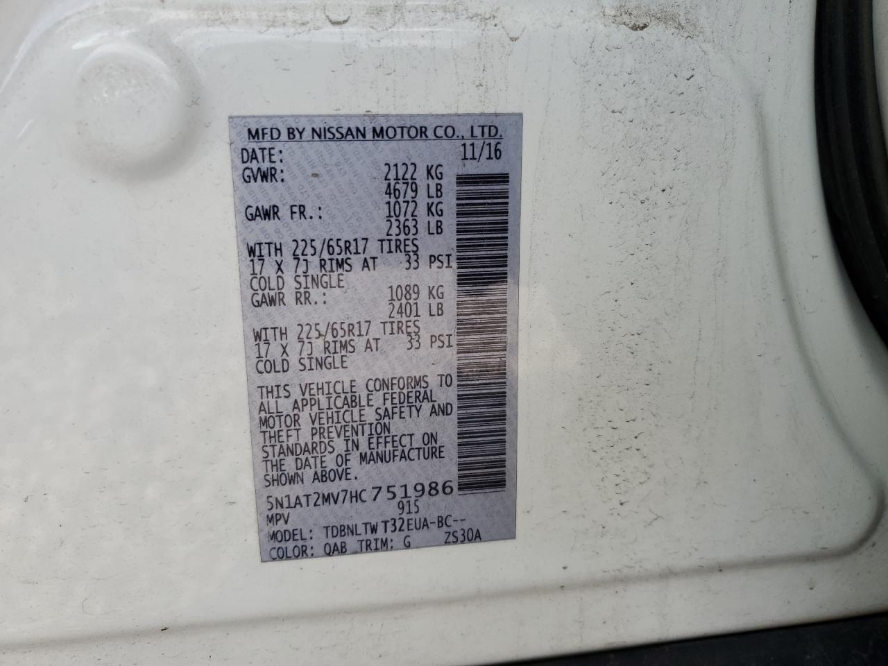 5N1AT2MV7HC751986 2017 Nissan Rogue Sv