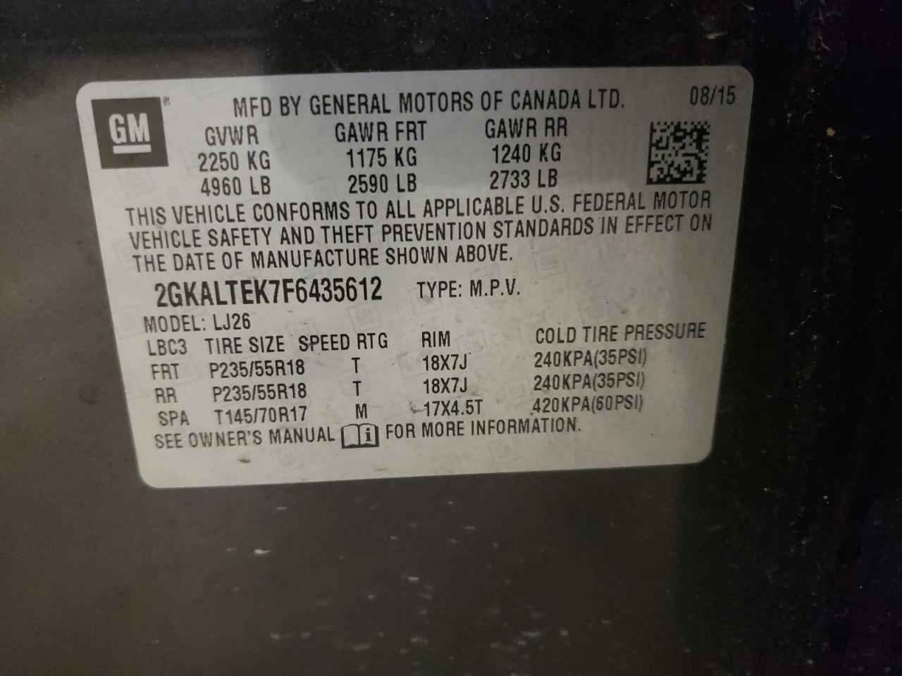 2GKALTEK7F6435612 2015 GMC Terrain Slt