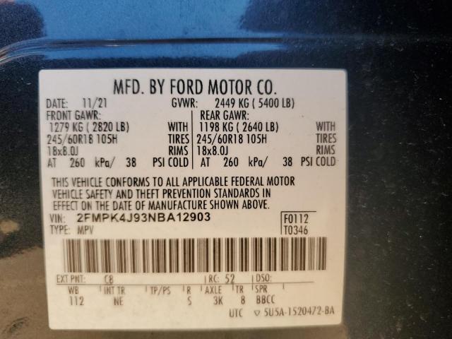 2022 Ford Edge Sel VIN: 2FMPK4J93NBA12903 Lot: 54766544