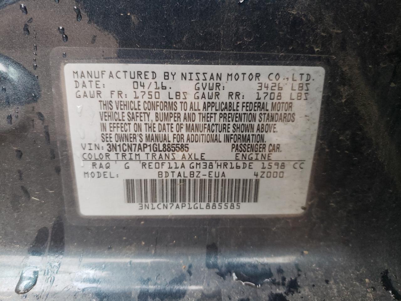 3N1CN7AP1GL885585 2016 Nissan Versa S