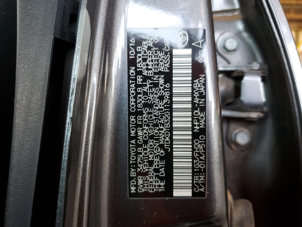 JTDKDTB32G1139816 2016 Toyota Prius C