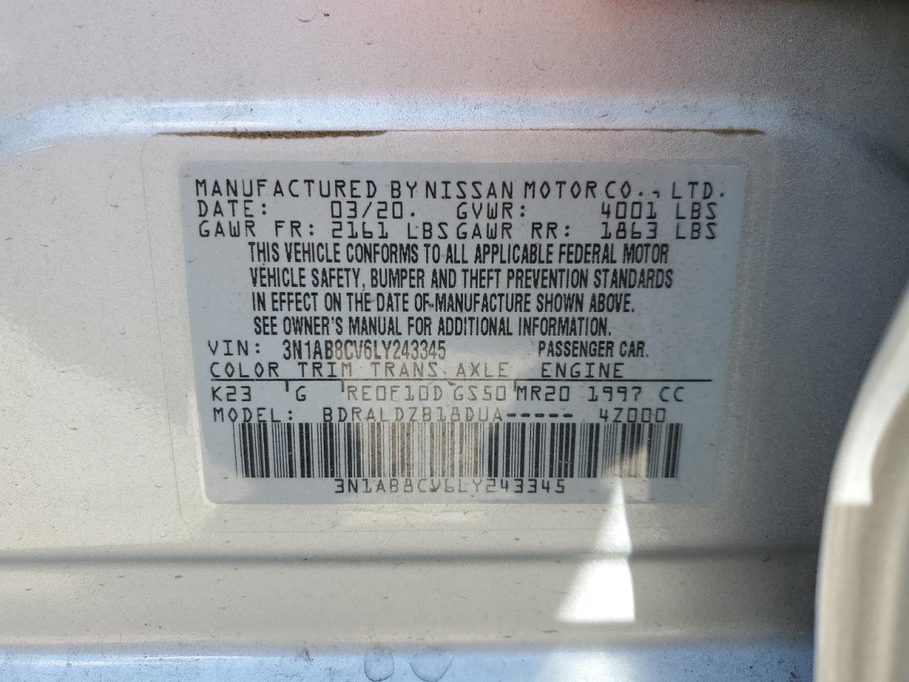 3N1AB8CV6LY243345 2020 Nissan Sentra Sv