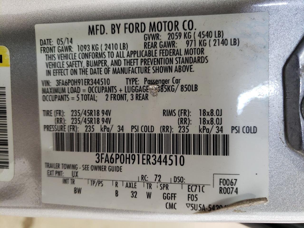 3FA6P0H91ER344510 2014 Ford Fusion Se