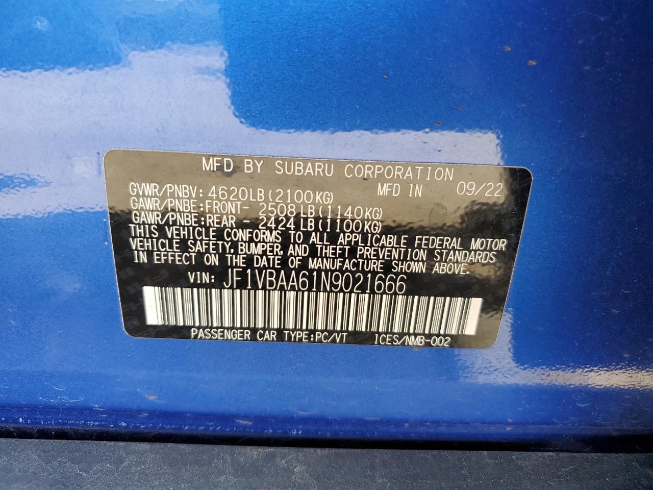 JF1VBAA61N9021666 2022 Subaru Wrx