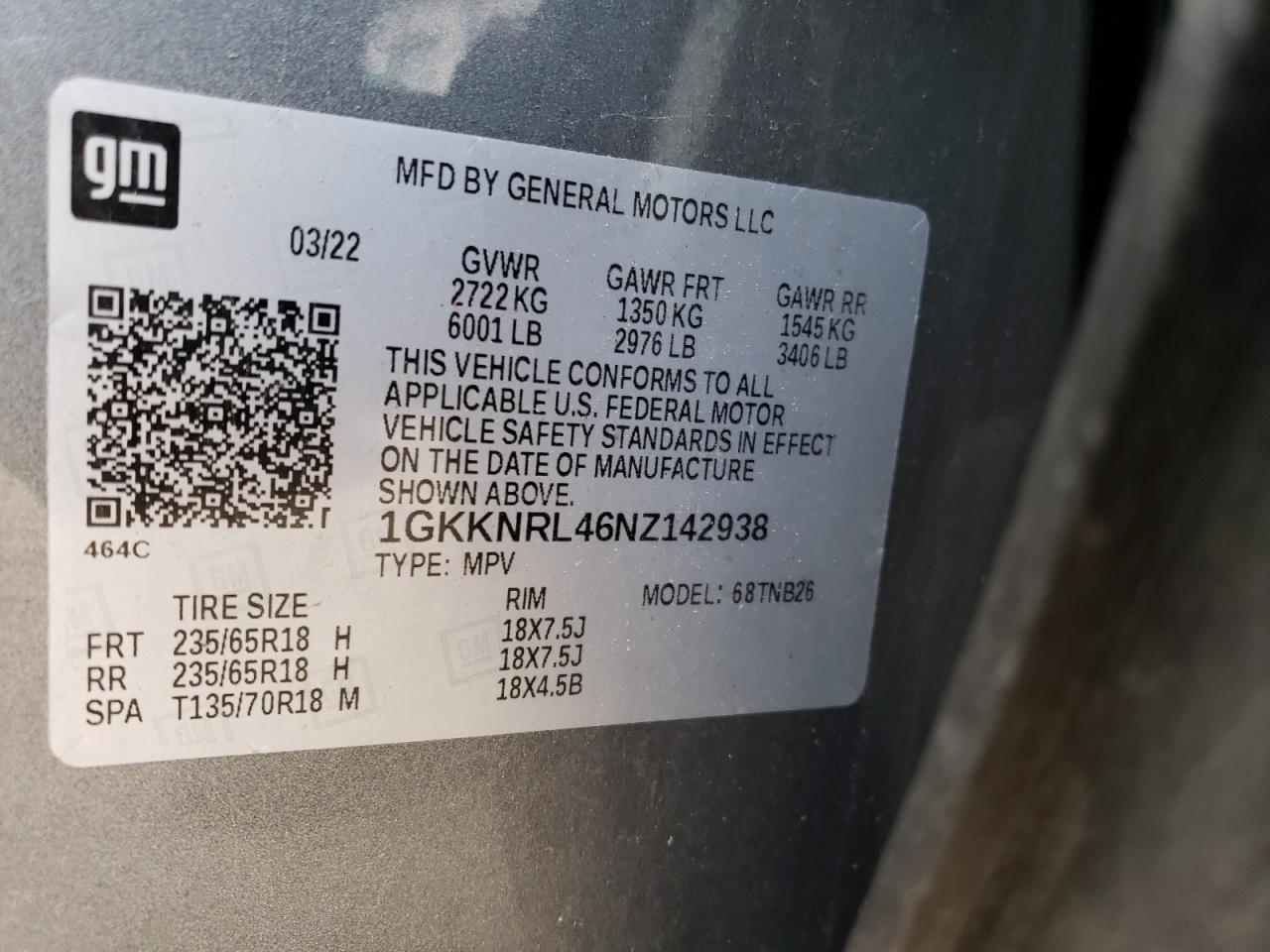 1GKKNRL46NZ142938 2022 GMC Acadia Sle