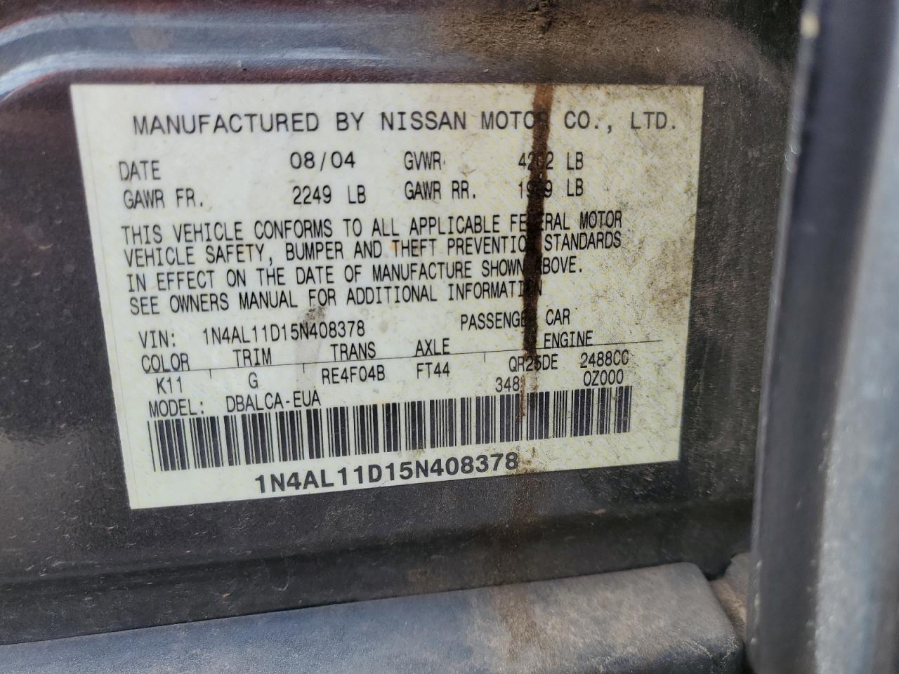 1N4AL11D15N408378 2005 Nissan Altima S