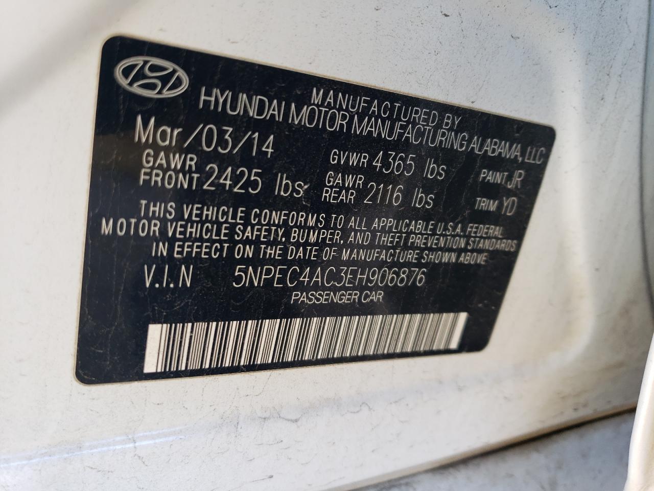 5NPEC4AC3EH906876 2014 Hyundai Sonata Se