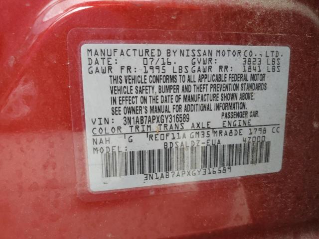 2016 Nissan Sentra S VIN: 3N1AB7APXGY316589 Lot: 55885164