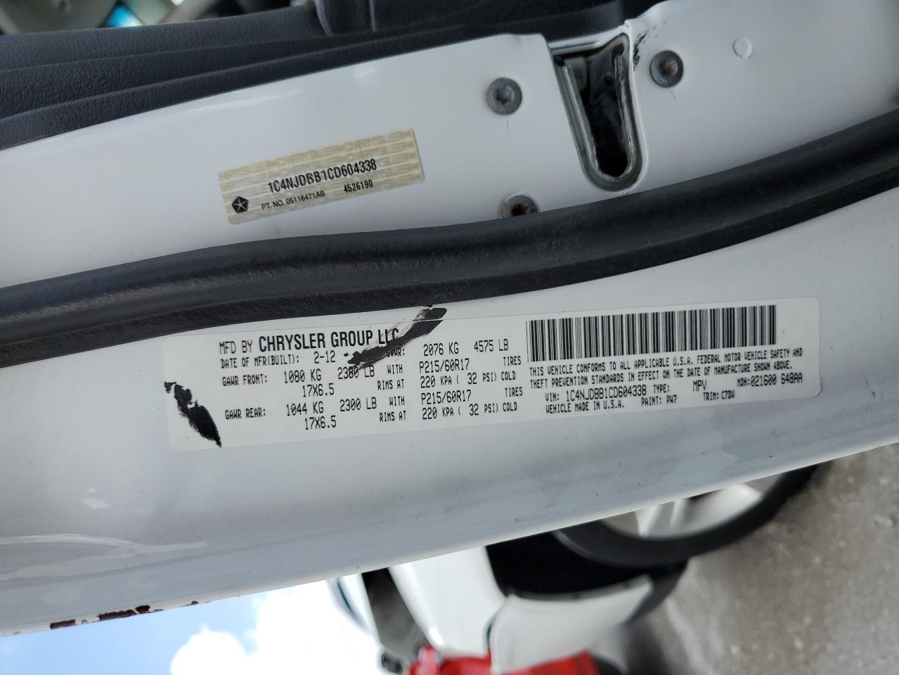 1C4NJDBB1CD604338 2012 Jeep Compass Sport