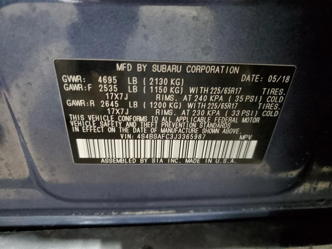 4S4BSAFC3J3365987 2018 Subaru Outback 2.5I Premium