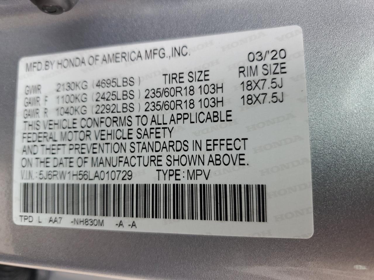 5J6RW1H56LA010729 2020 Honda Cr-V Ex