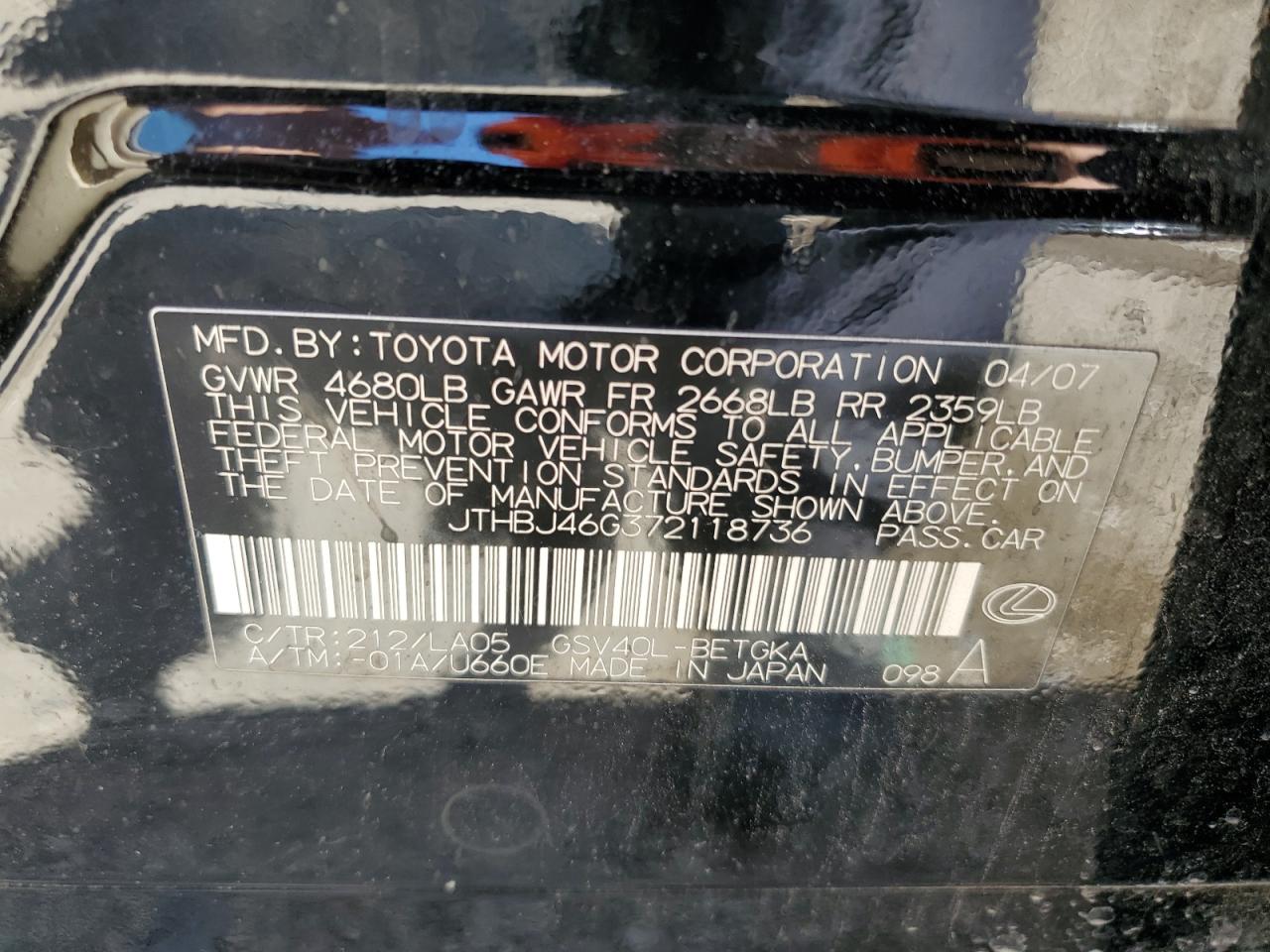 JTHBJ46G372118736 2007 Lexus Es 350