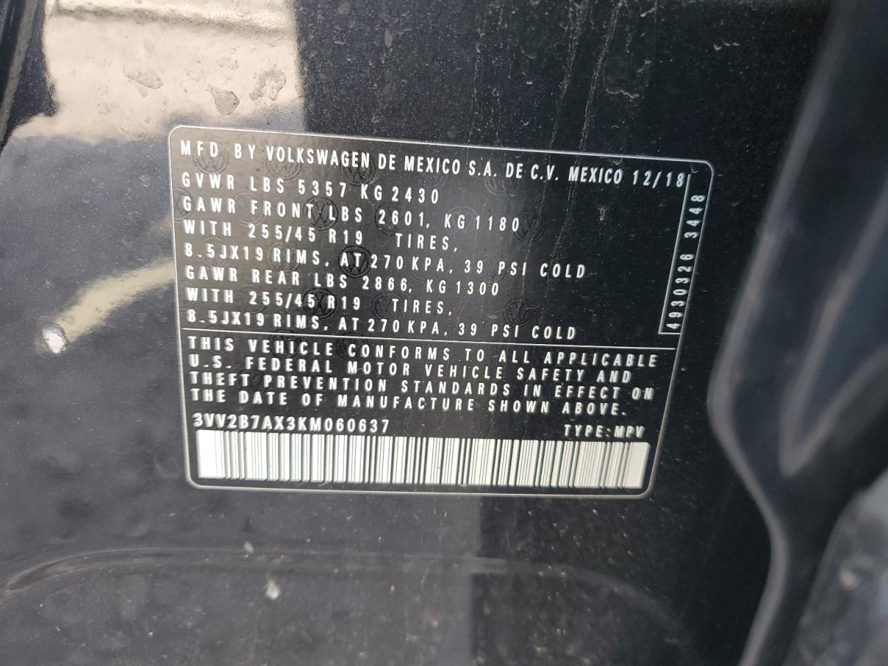 3VV2B7AX3KM060637 2019 Volkswagen Tiguan Se