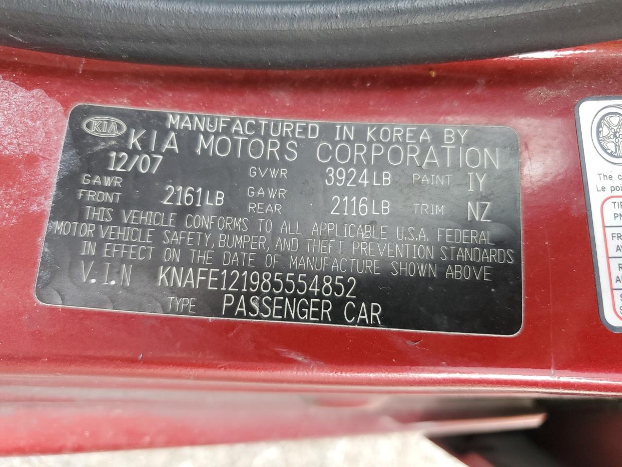 KNAFE121985554852 2008 Kia Spectra Ex