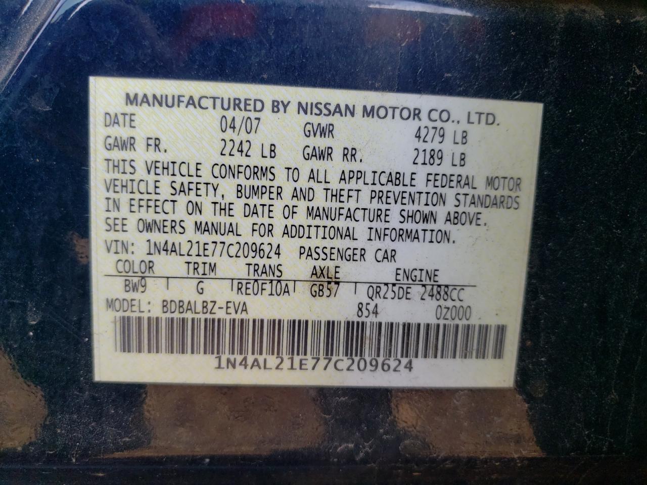 1N4AL21E77C209624 2007 Nissan Altima 2.5