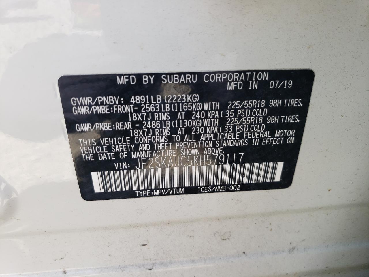 JF2SKAUC5KH579117 2019 Subaru Forester Limited