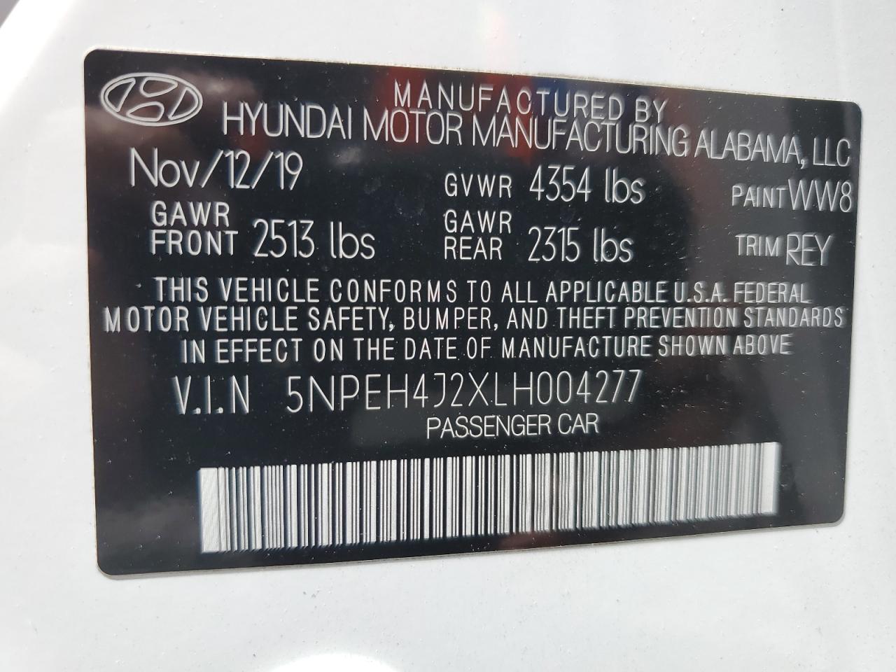 5NPEH4J2XLH004277 2020 Hyundai Sonata Limited