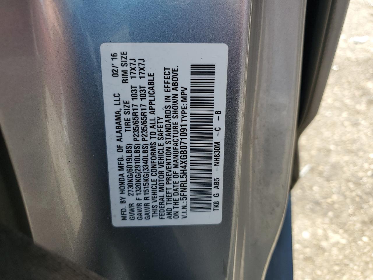 5FNRL5H4XGB071091 2016 Honda Odyssey Ex