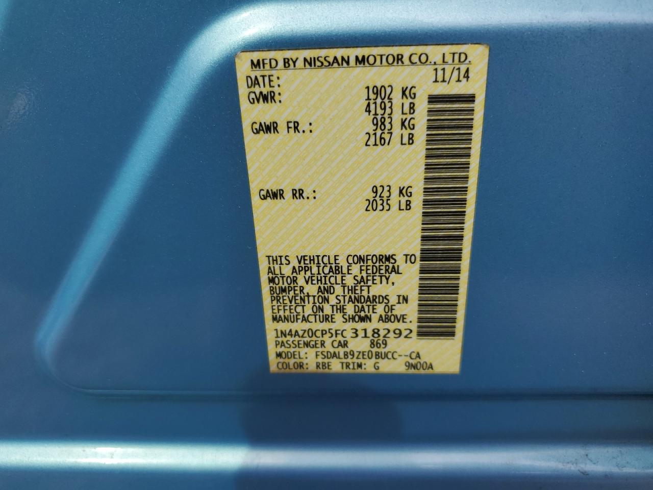 1N4AZ0CP5FC318292 2015 Nissan Leaf S