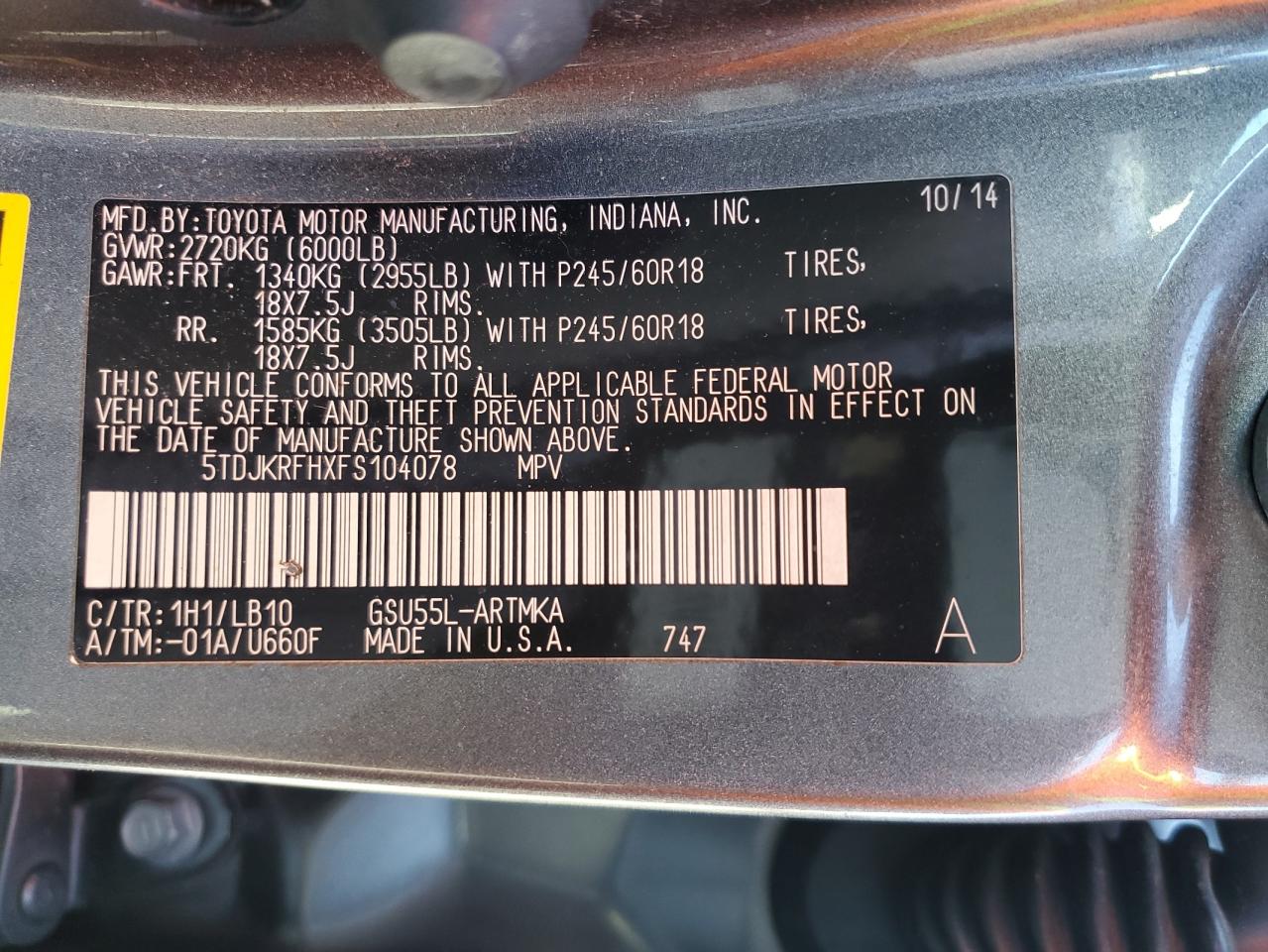 5TDJKRFHXFS104078 2015 Toyota Highlander Xle