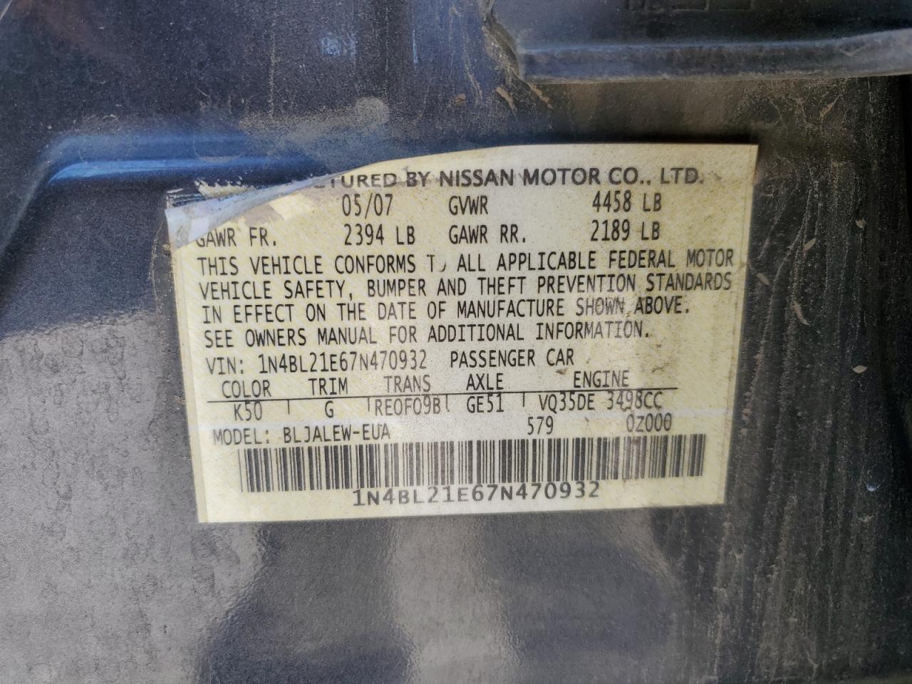 1N4BL21E67N470932 2007 Nissan Altima 3.5Se