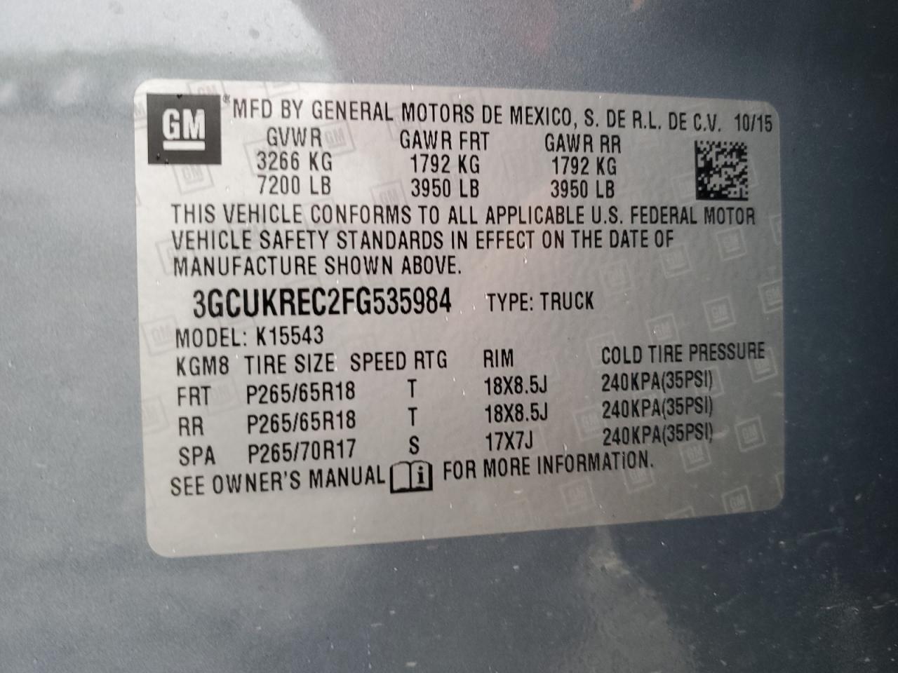 3GCUKREC2FG535984 2015 Chevrolet Silverado K1500 Lt