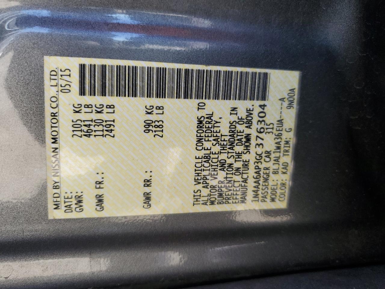 1N4AA6AP3GC376304 2016 Nissan Maxima 3.5S