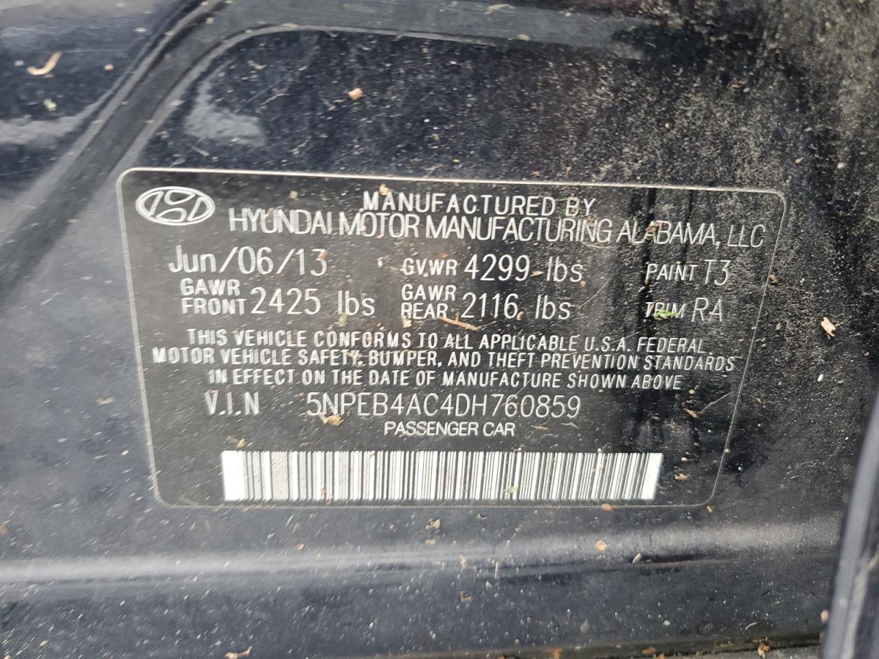 5NPEB4AC4DH760859 2013 Hyundai Sonata Gls