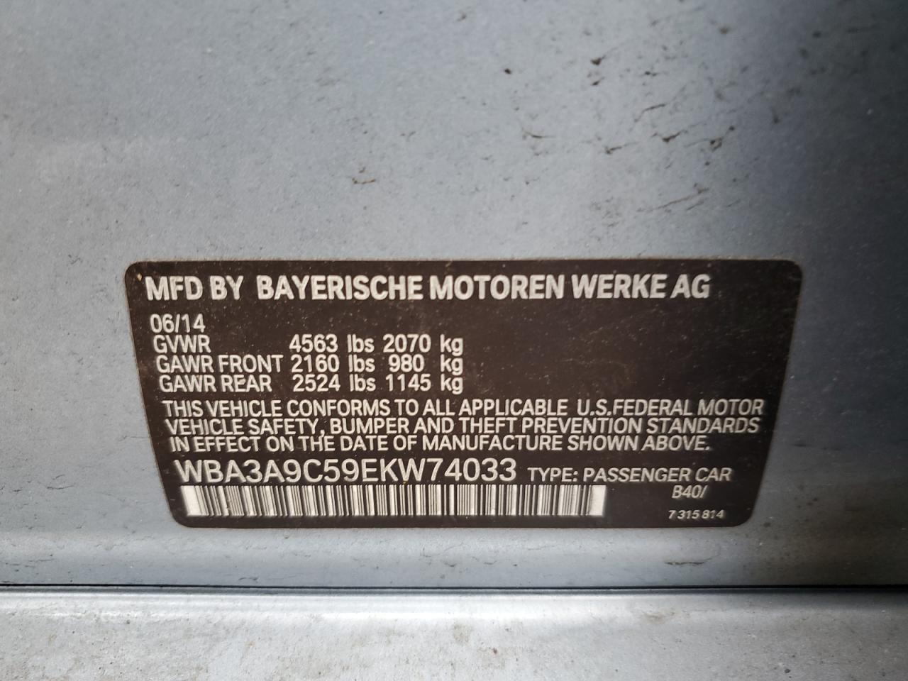 WBA3A9C59EKW74033 2014 BMW 335 I