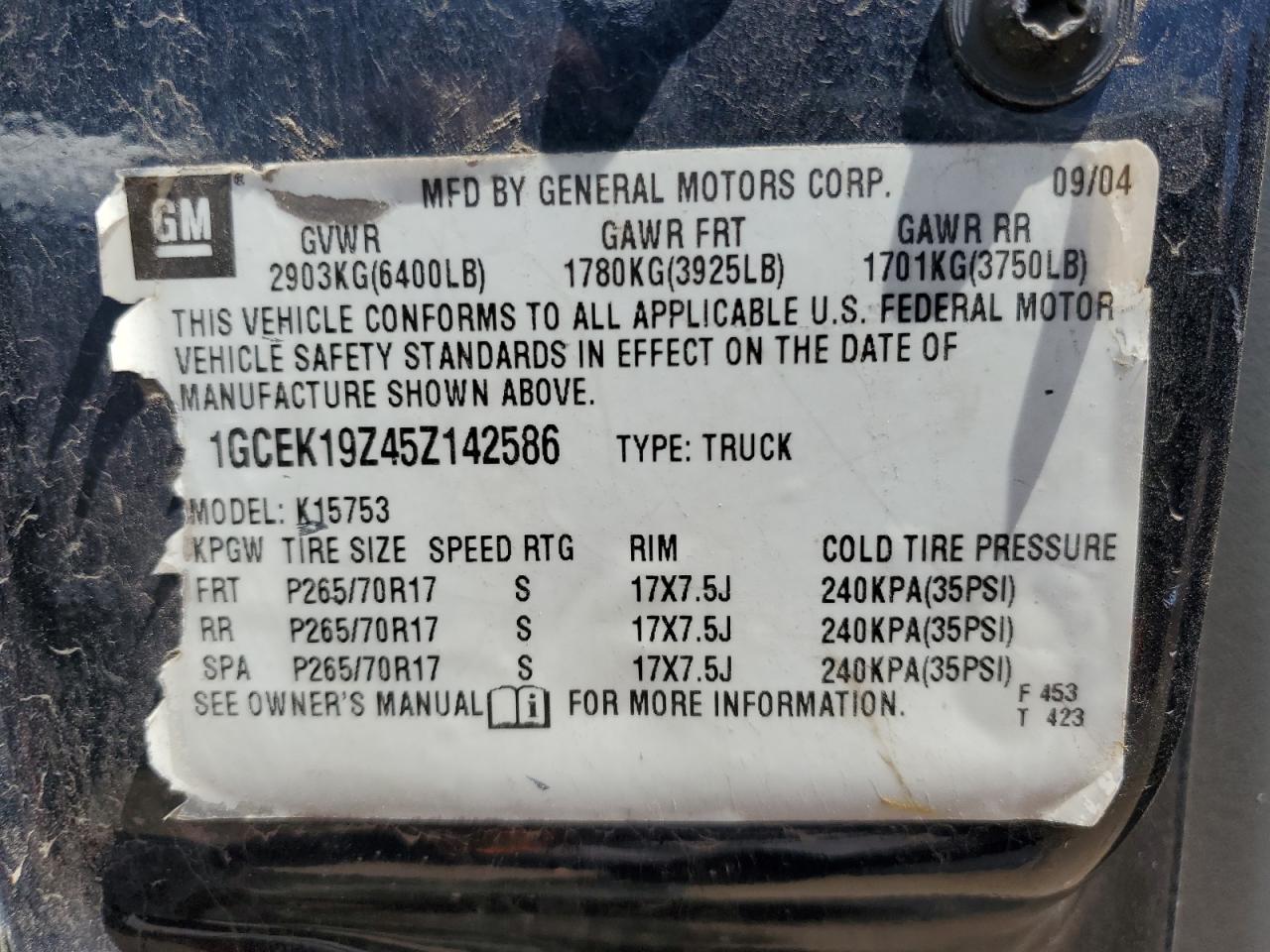 1GCEK19Z45Z142586 2005 Chevrolet Silverado K1500