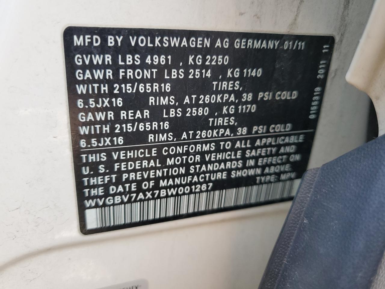 WVGBV7AX7BW001267 2011 Volkswagen Tiguan S