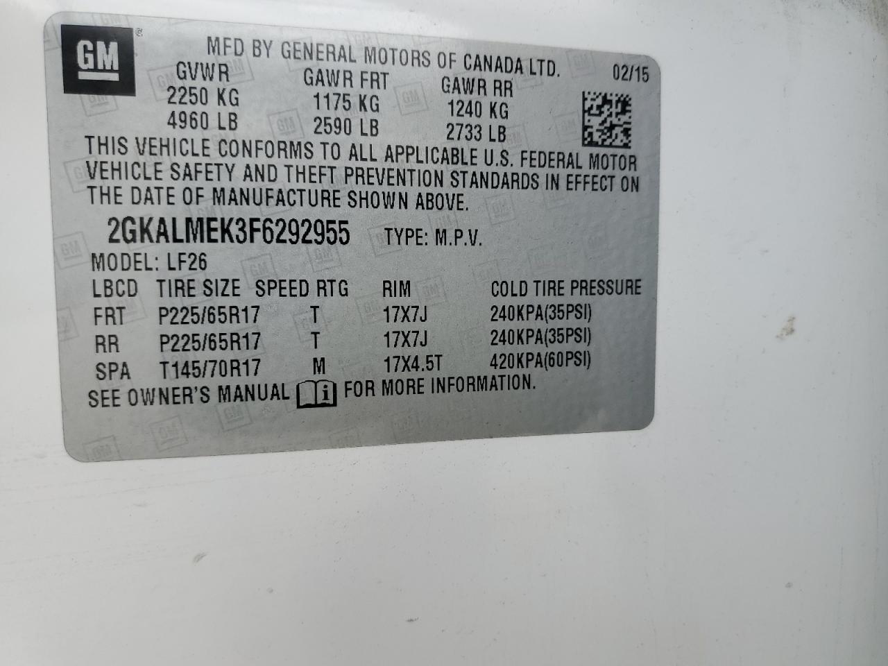 2GKALMEK3F6292955 2015 GMC Terrain Sle